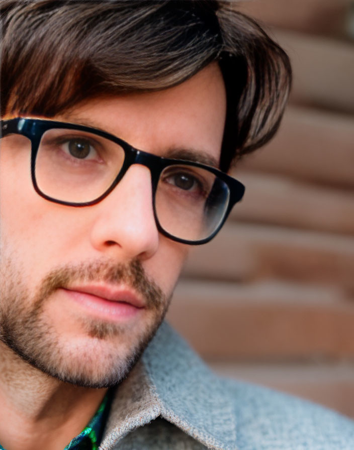 Bespectacled man with stubble in close-up shot against blurred brick background