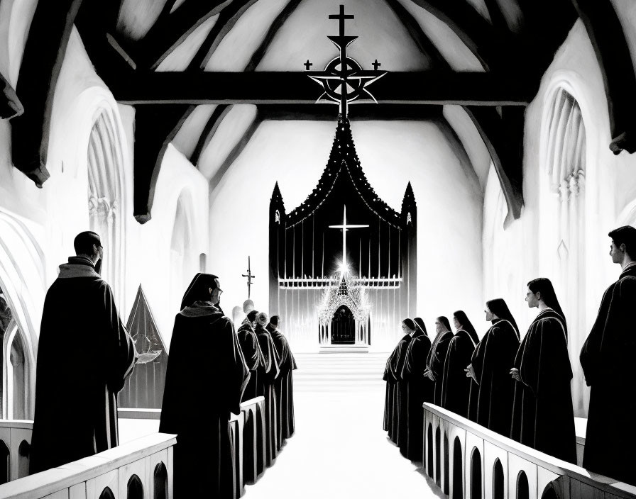 Monochrome church interior with religious figures in pews facing cross