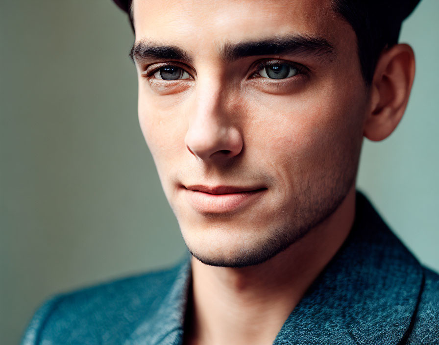 Portrait of young man with dark hair, subtle stubble, dark eyes, blue shirt, smiling.