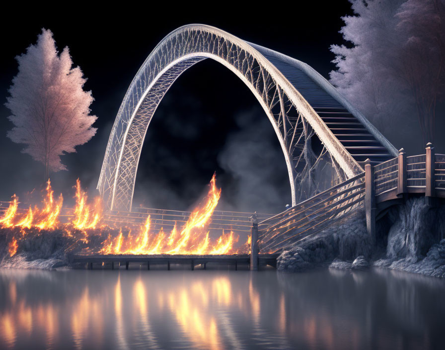 Arched bridge over water with burning section, eerie sky, and glowing trees