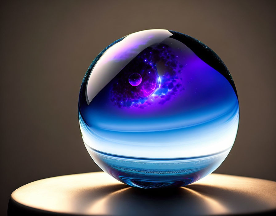 Blue and White Swirling Glass Orb with Cosmic Purple Galaxy Pattern