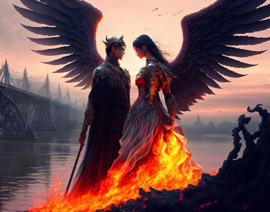 Fantasy characters with majestic wings in flames against dusky sky & bridge.