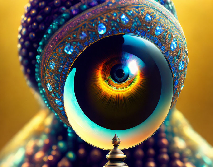 Detailed digital artwork: Large eye with colorful iris in ornate, gem-studded structure on golden backdrop