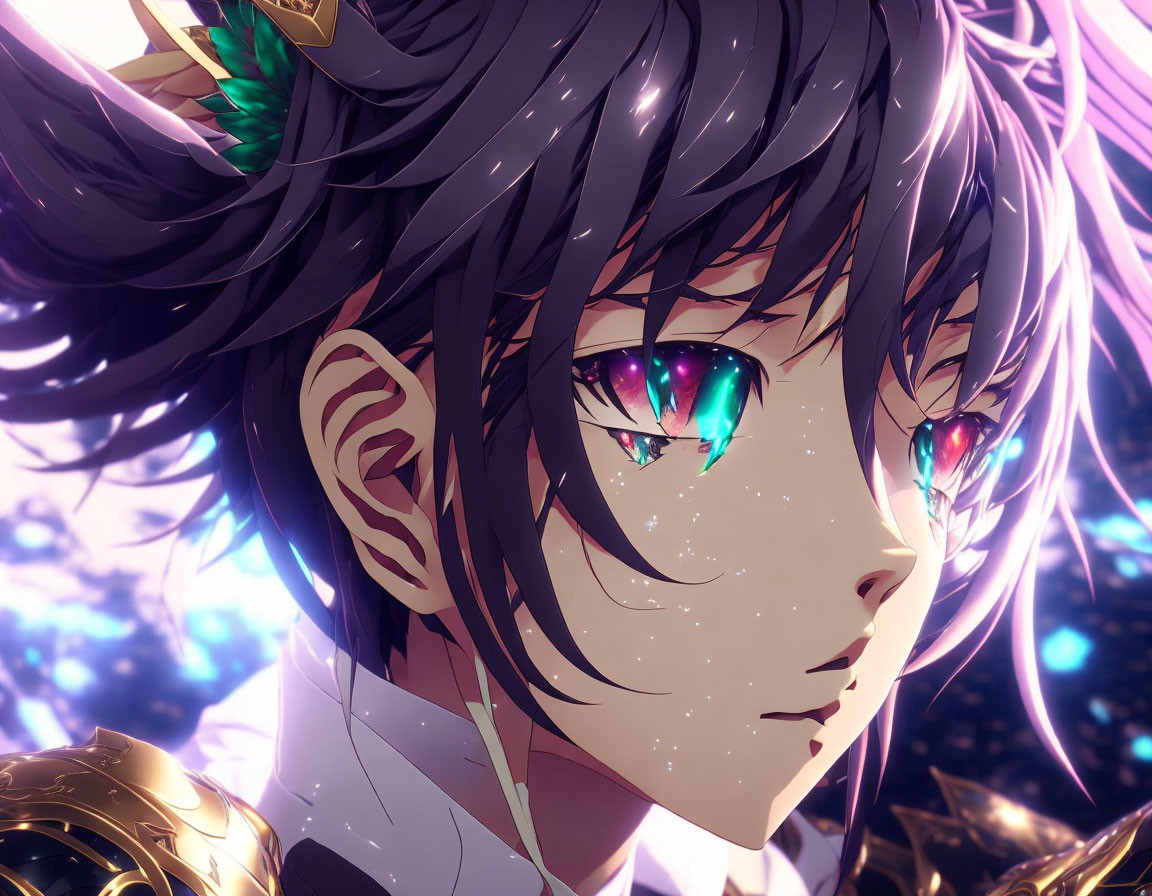 Anime character with multicolored eyes and dark hair in gold accents on a light-filled background