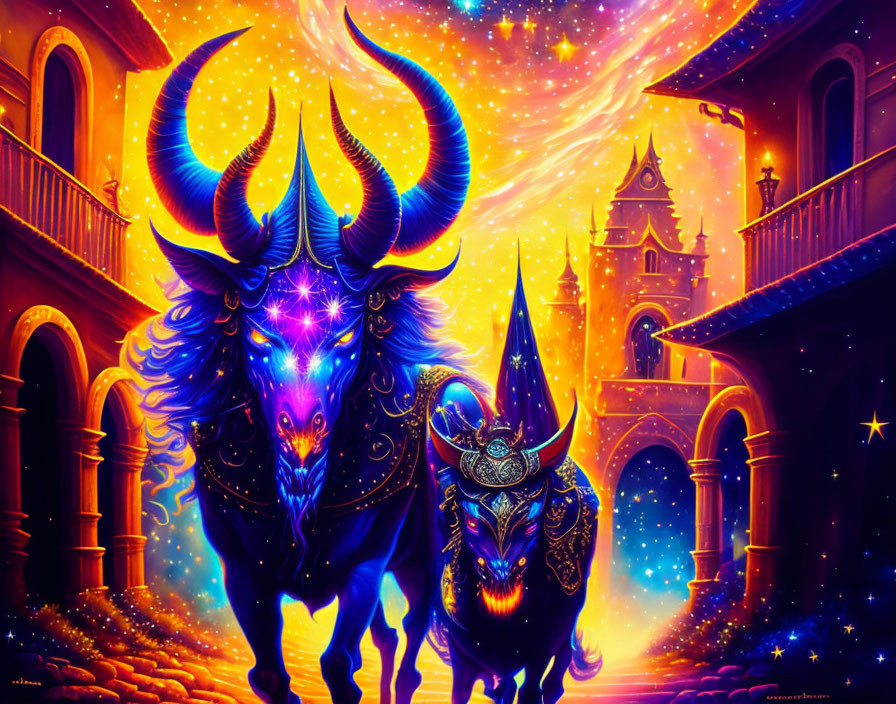 Colorful digital artwork featuring two celestial bulls with glowing horns and bodies amid a starry sky and fantast