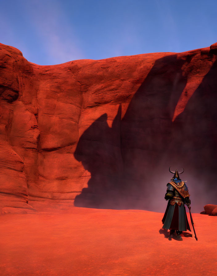 Person in ornate armor with horns in red desert with towering rock formation