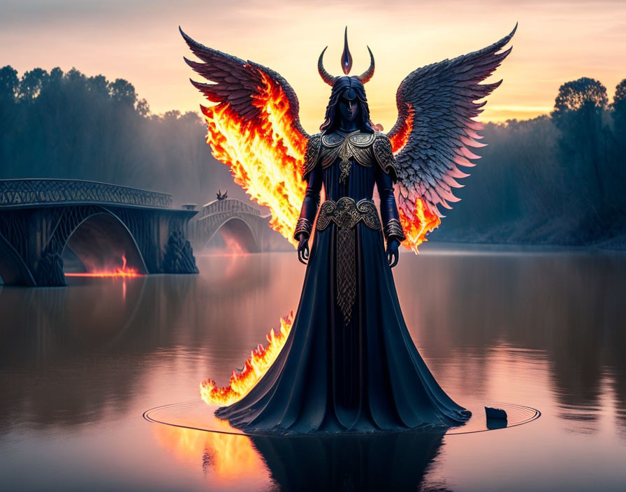 Majestic winged figure with fiery wings standing on water at dawn