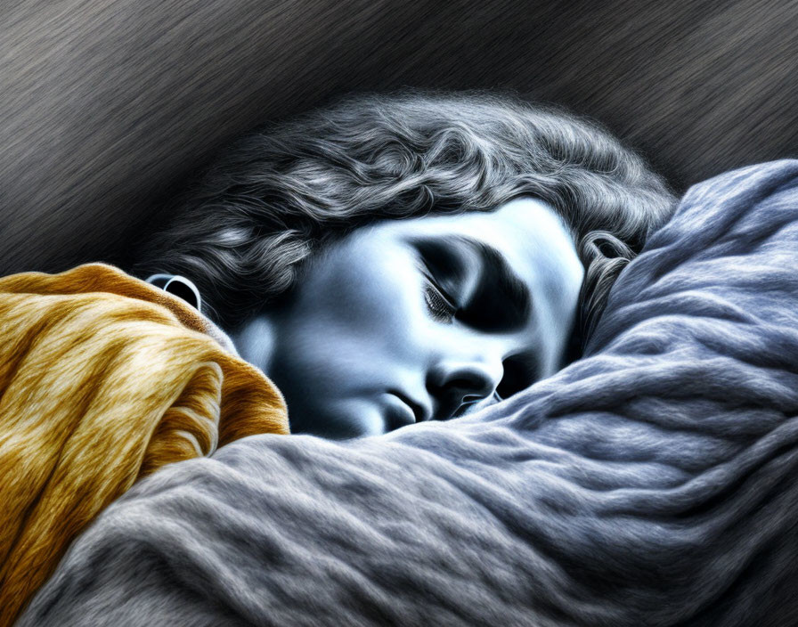 Wavy-haired person peacefully resting under cool-toned textured blanket