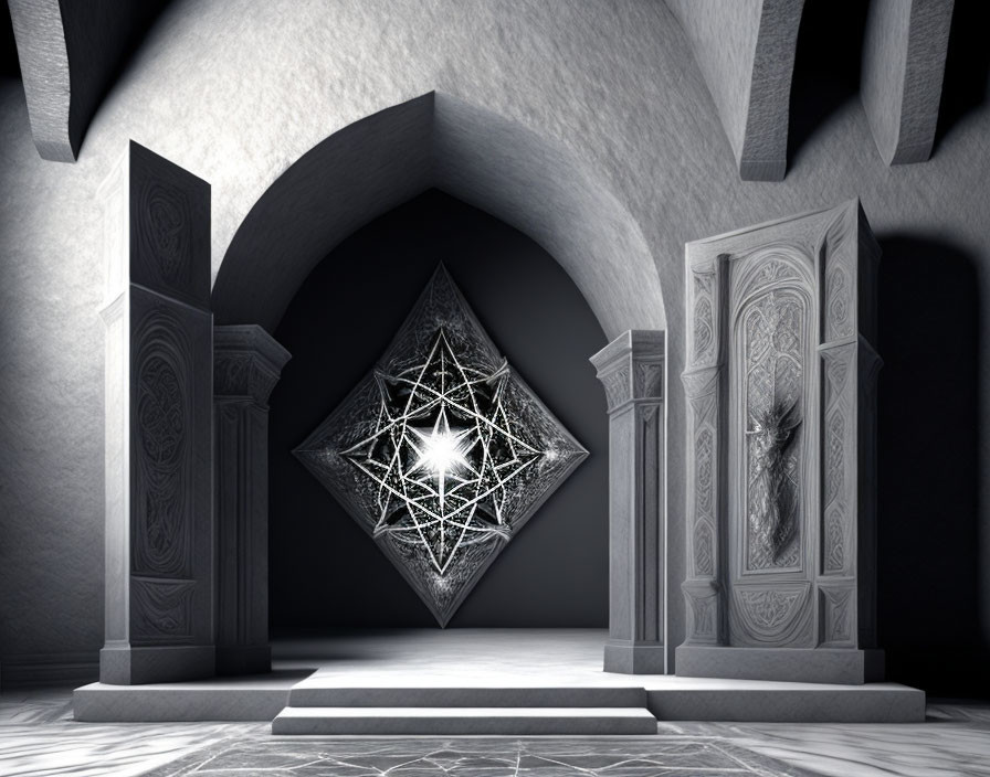 Mystical 3D-rendered interior with archways and glowing geometric shape