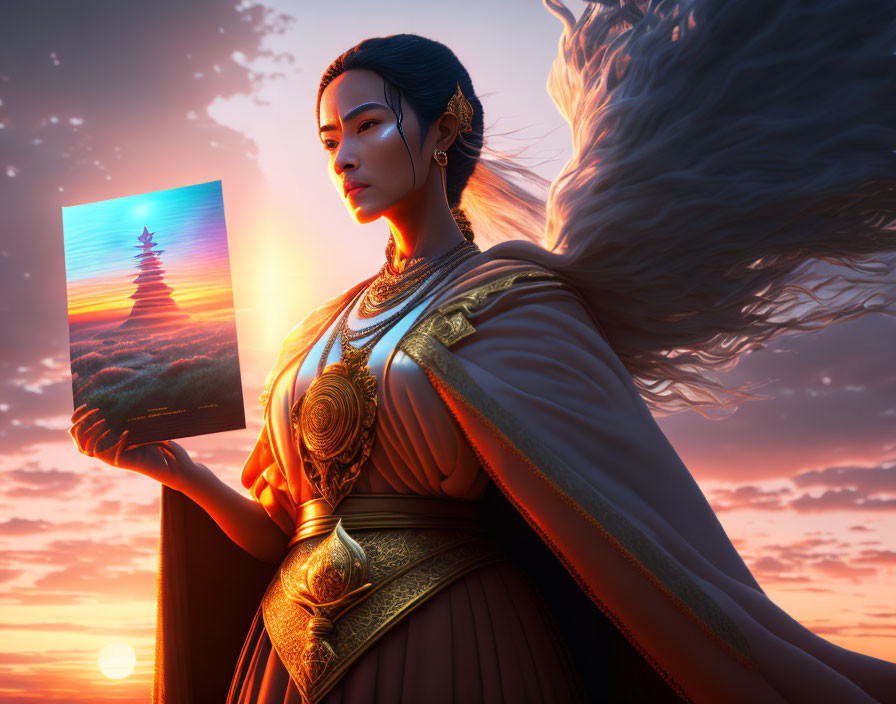 Regal woman with flowing hair holding illuminated picture at vibrant sunset