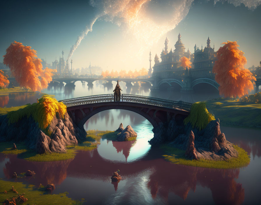 Fantasy landscape with ornate bridge, river, person, colorful trees, castle, and swirling skies