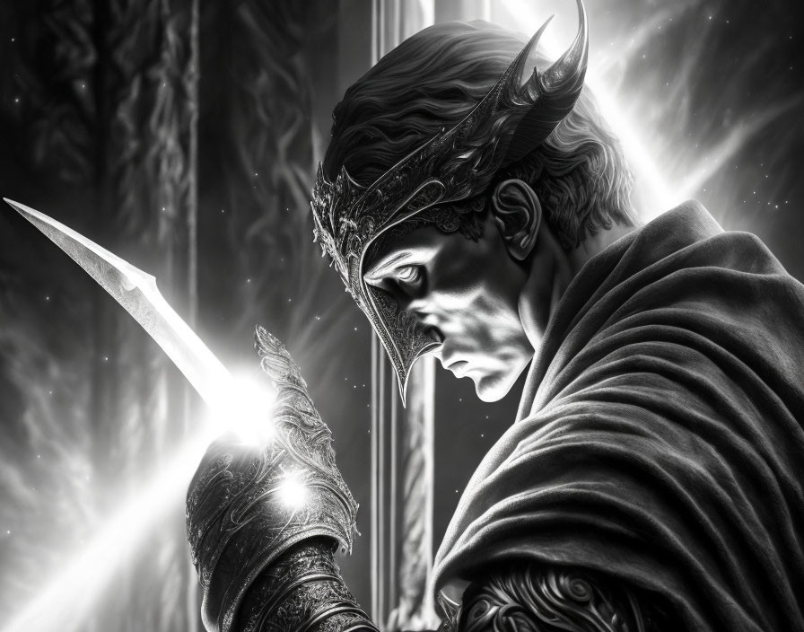 Monochrome fantasy character with crown and glowing dagger in dimly lit setting