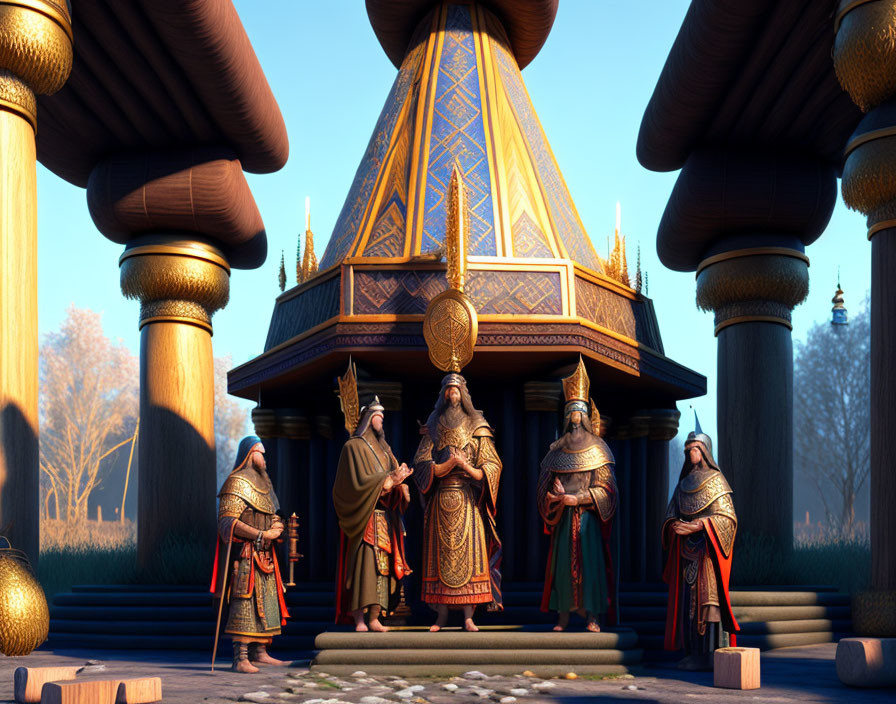 Medieval kings and wise men in animated scene before ornate pavilion