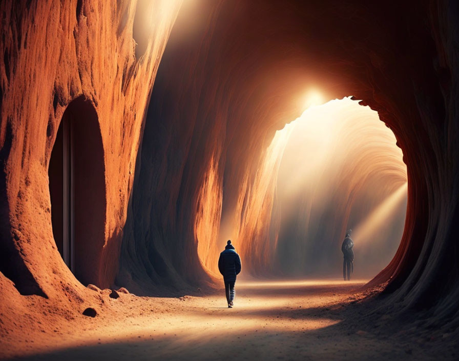 Sunlit Sandstone Canyon with Two Walking Figures