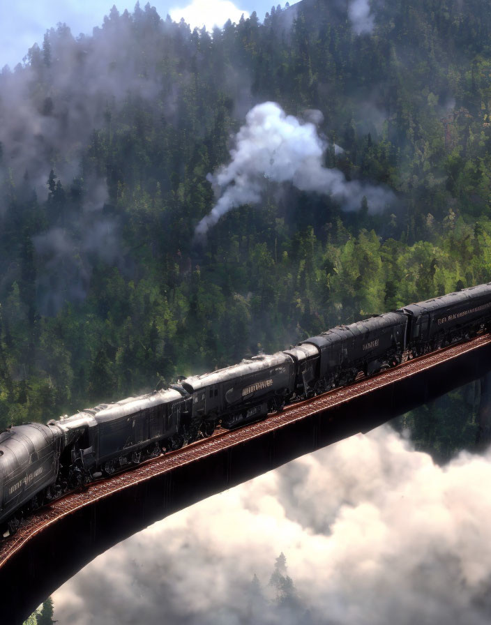 Vintage Steam Locomotive Crossing Forested Mountain Bridge