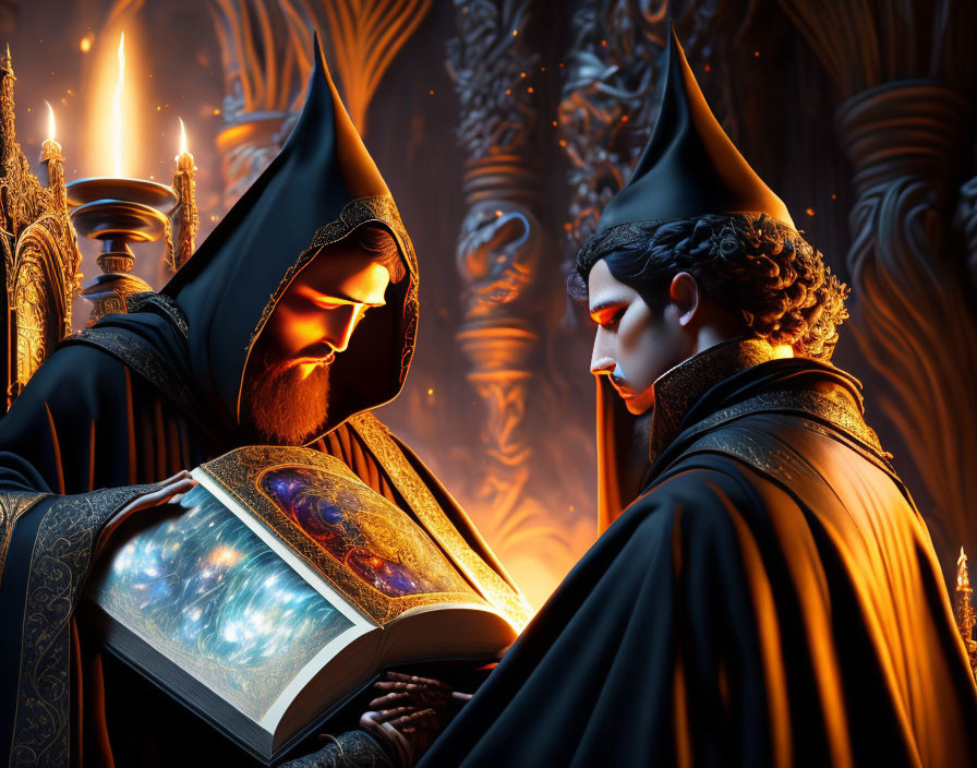 Hooded figures with glowing eyes in mystical chamber reading celestial book