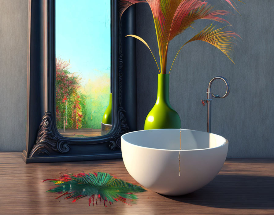 Modern White Bowl Sink with Sleek Faucet and Green Vase Beside Large Mirror Reflecting Garden