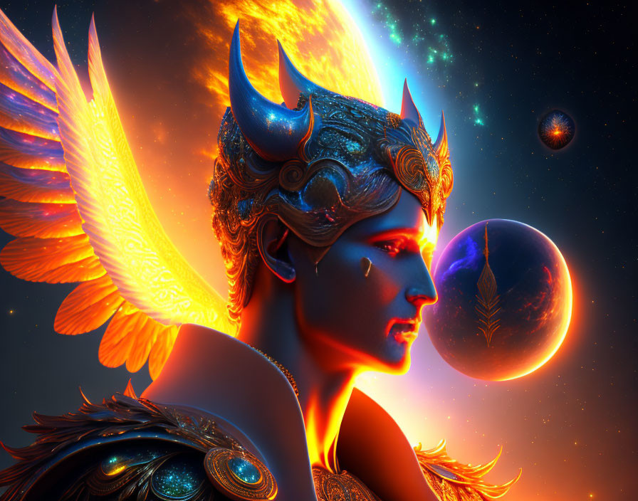 Mythical figure with wings and horned helmet in cosmic setting