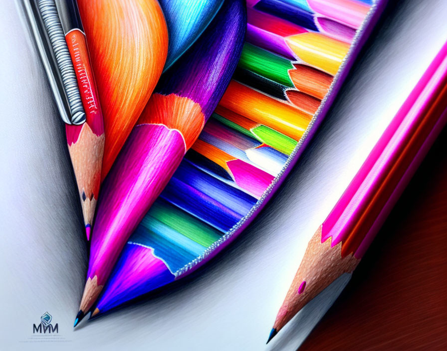 Colorful array of sharpened pencils next to a sketchpad with vibrant hues and textures