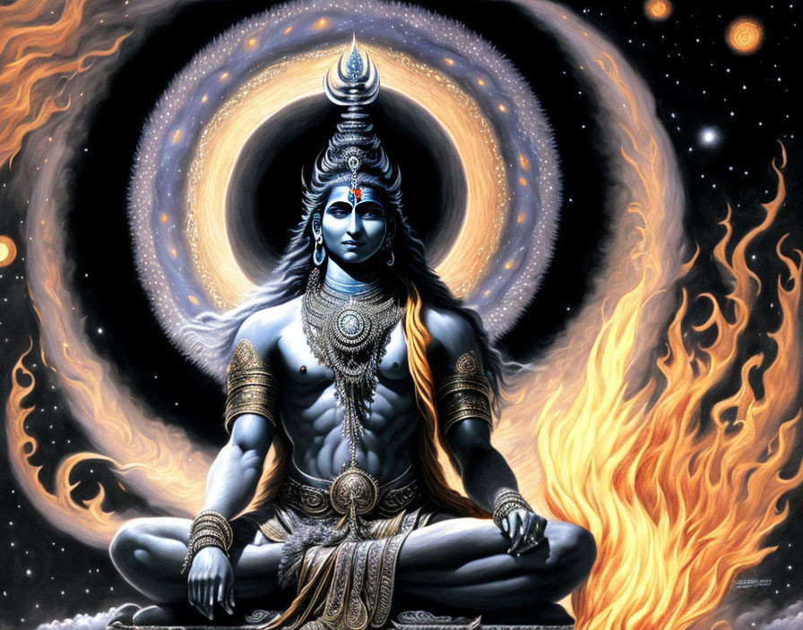 Divine deity meditating in cosmic setting with ring of fire and celestial bodies