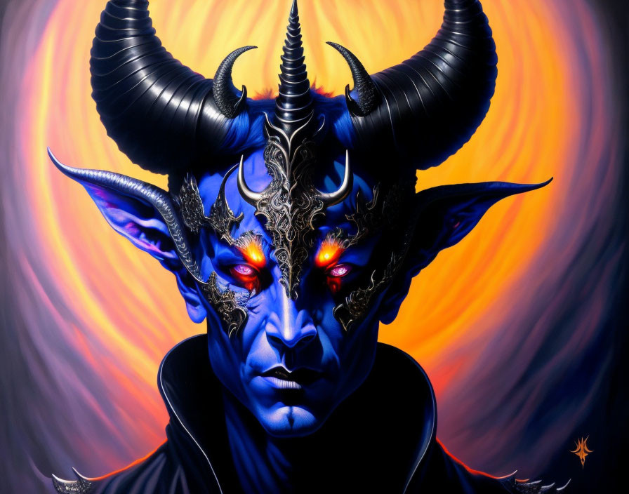 Detailed depiction of blue-skinned horned demon with red eyes on colorful background