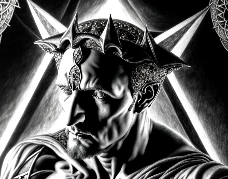 Monochrome artwork of stern-faced man with tattoos and spiked crown