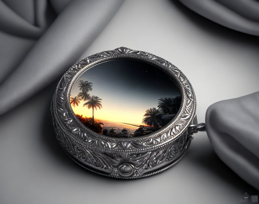 Round Compact Mirror with Sunset Beach Scene on Grey Fabric Background