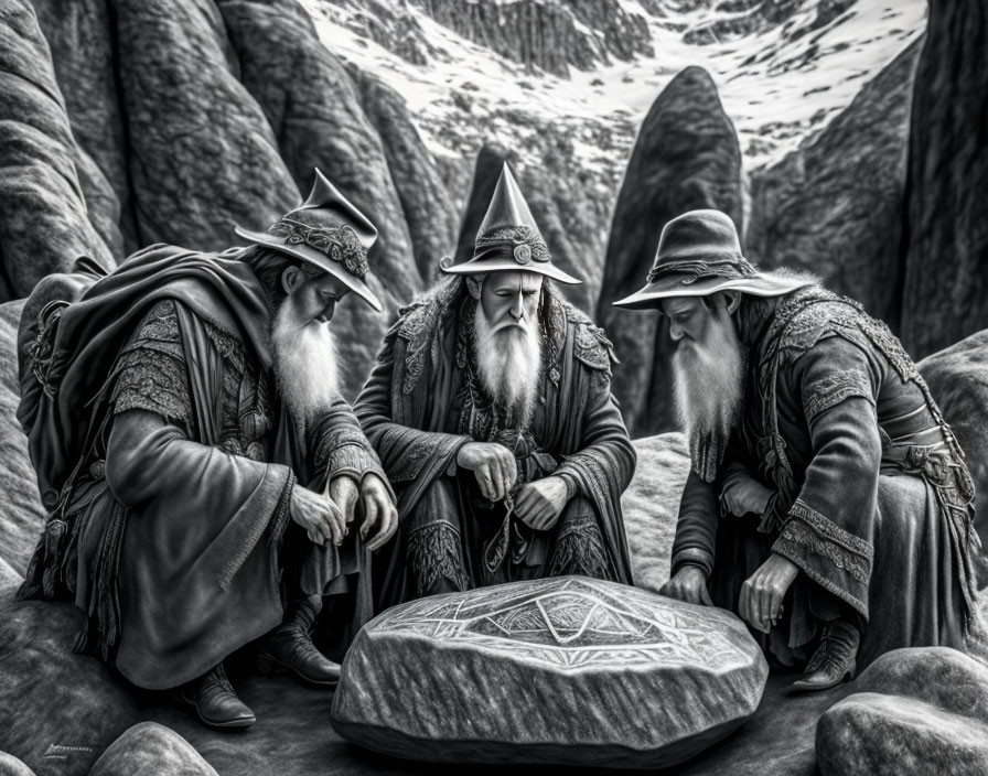 Three Wizards Examining Mystical Stone in Mountainous Setting