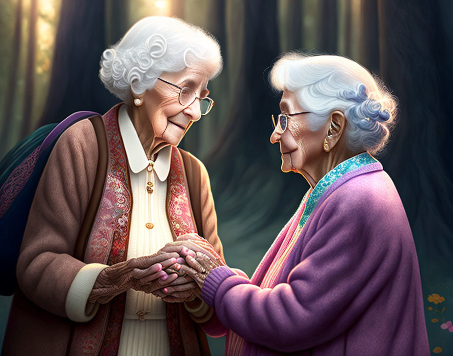 Elderly women holding hands in sunny forest scene