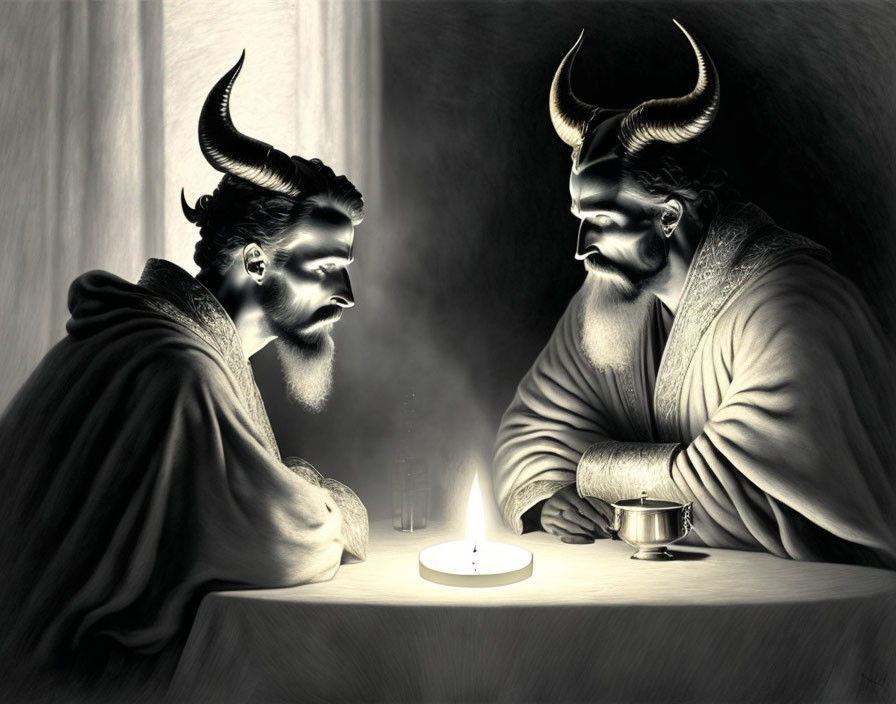 Monochrome image of two bearded figures with horns at a table with a lit candle