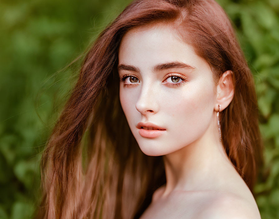 Young woman with long brown hair and striking eyes against green background