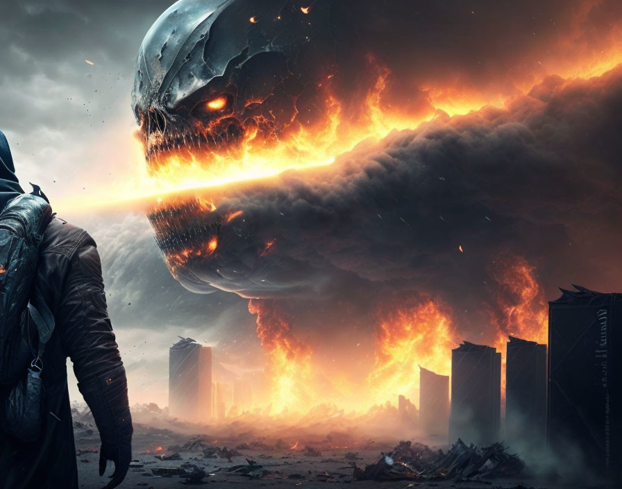 Person in jacket views flaming giant skull over burning cityscape