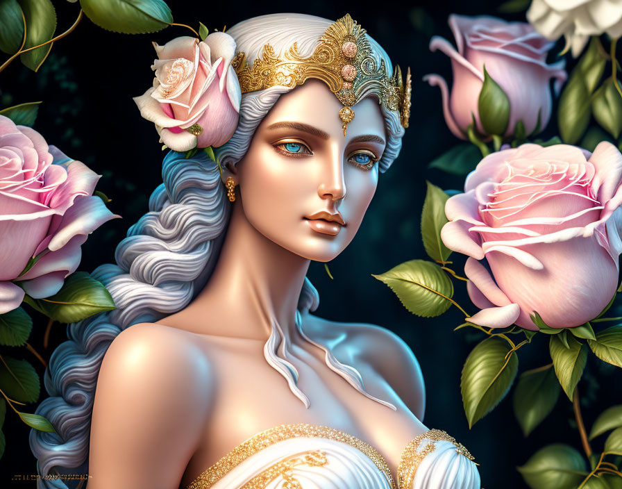 Illustration of woman with silver hair, elfin features, golden tiara, white dress, and