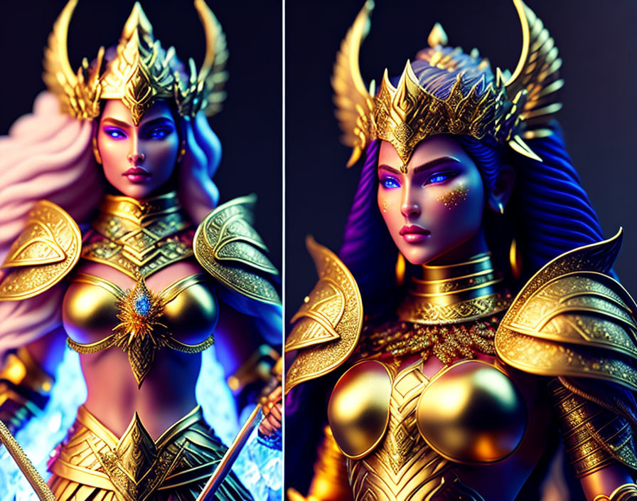 Stylized warrior woman with golden armor and winged helmet