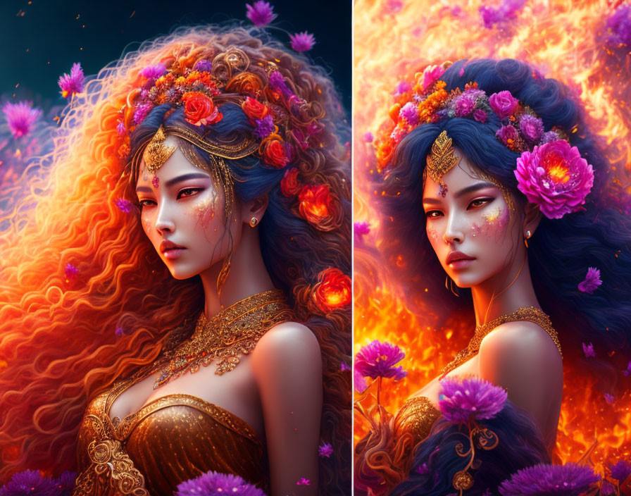 Fantastical image: Woman with golden jewelry and vibrant flowers in hair, against fiery red waves and