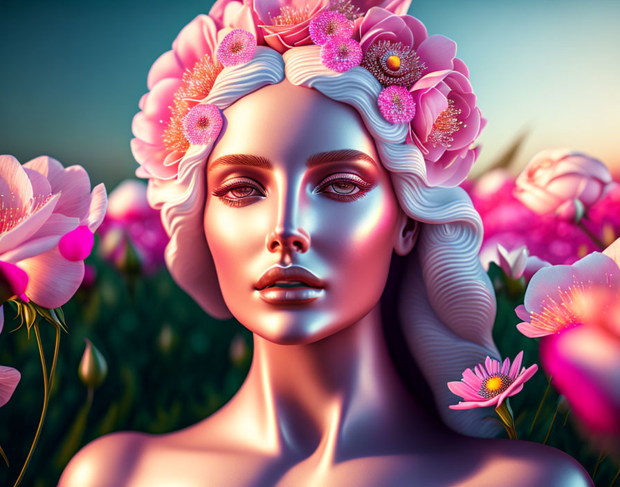 Floral-themed digital artwork of a woman with flawless skin