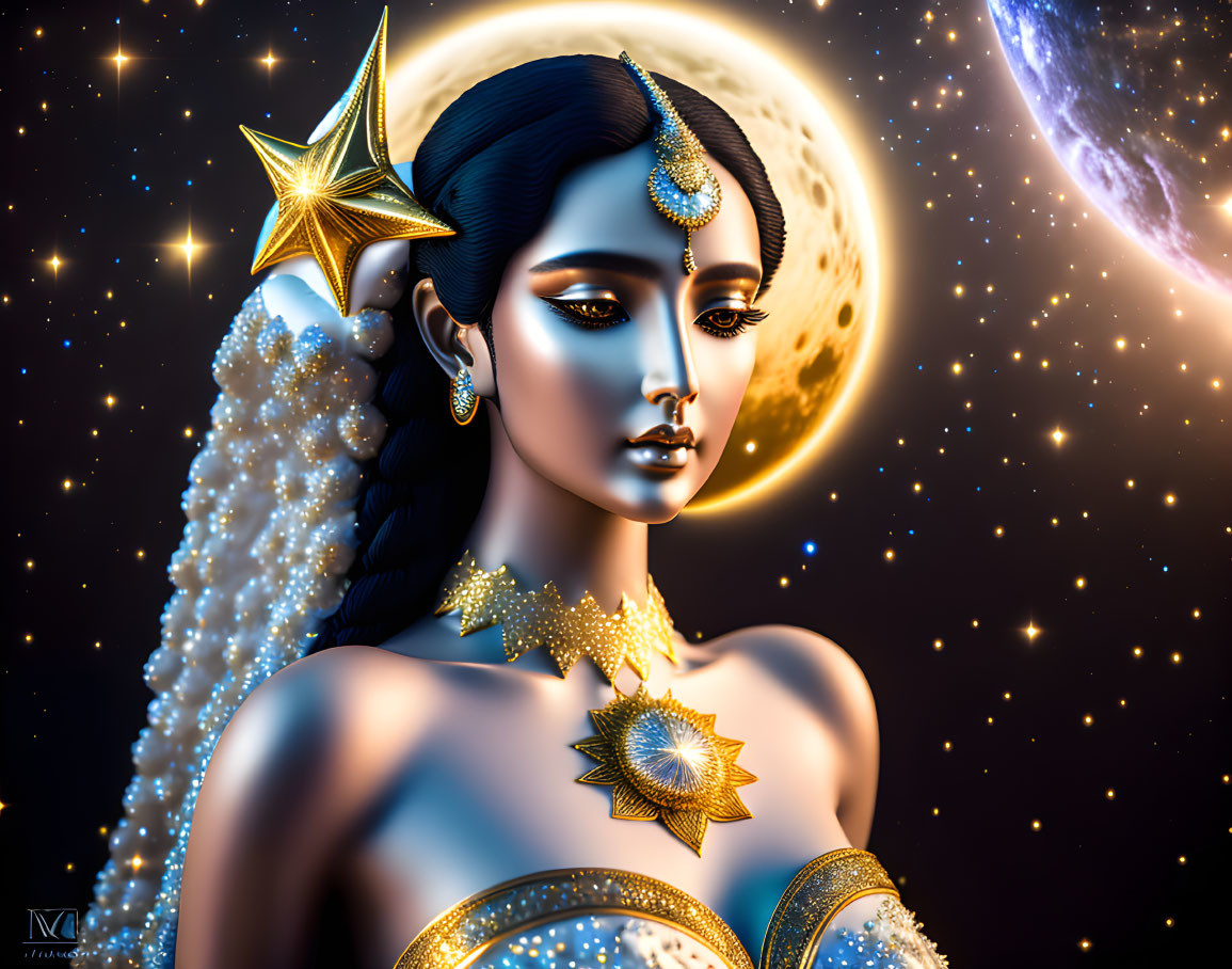 Celestial-themed woman illustration with stars, moons, and cosmic background.