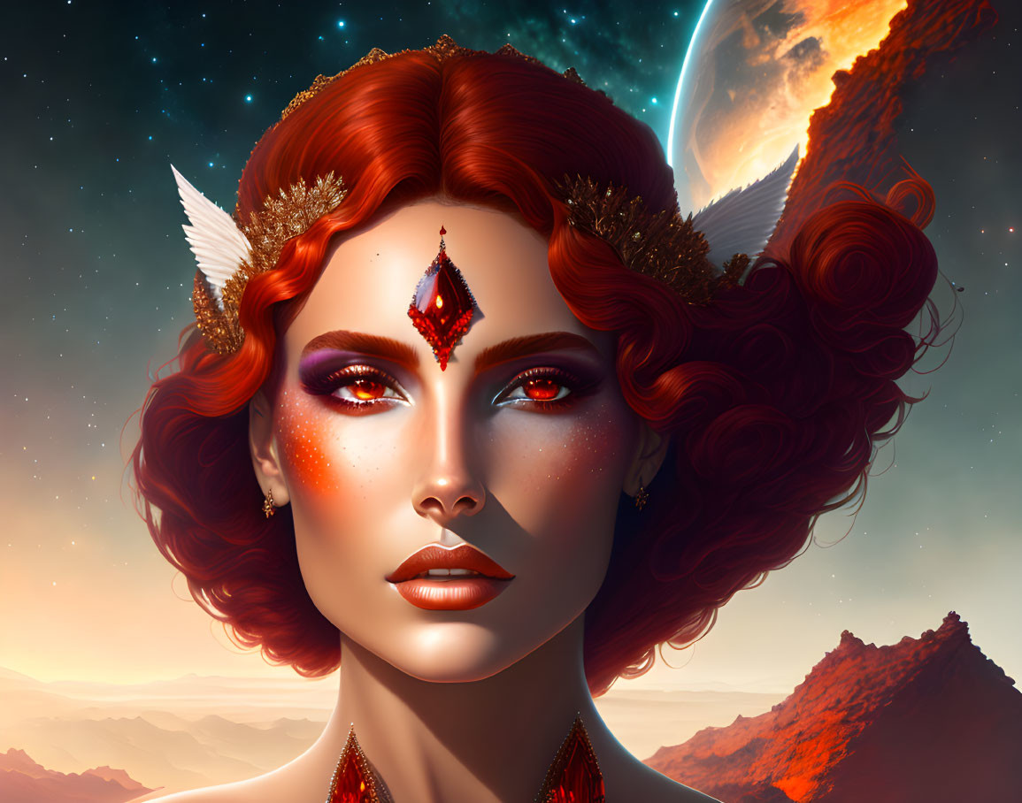 Digital art portrait: Ethereal woman with red hair, feathered accessories, jewel on forehead, cosmic