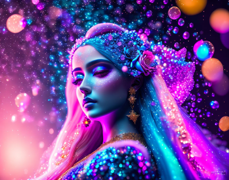 Colorful portrait of a woman with glittering accessories and cosmic ambiance