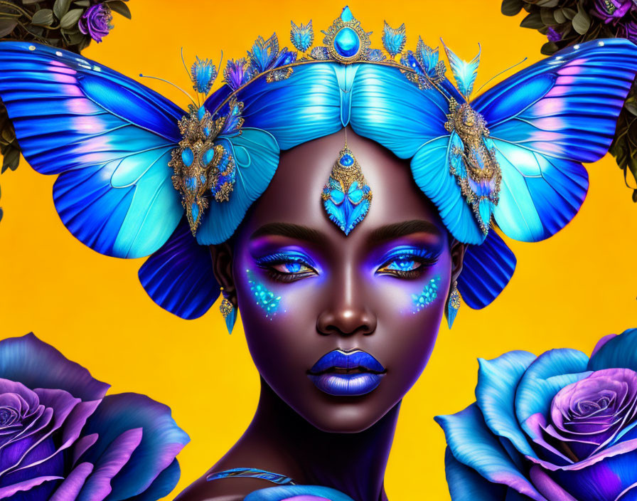 Vibrant blue-skinned woman with butterfly headpiece and purple roses on yellow background