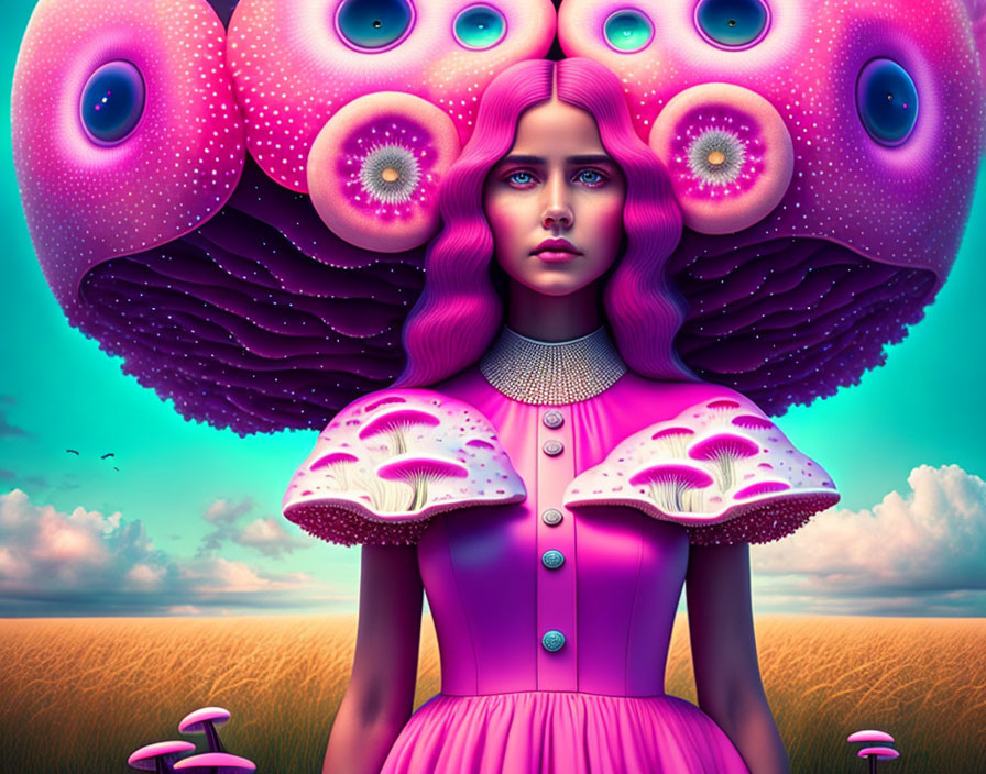 Surrealist portrait of girl with blue hair in field with giant mushrooms and fantastical creature