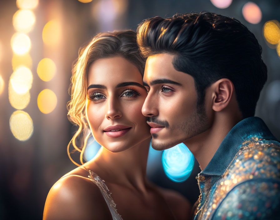 Man and woman in formal attire close together with bokeh light background.