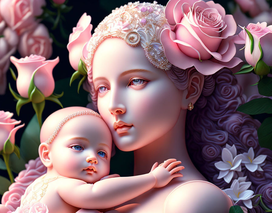 Digital Artwork: Woman with Ornate Headwear and Baby Among Pink & White Roses