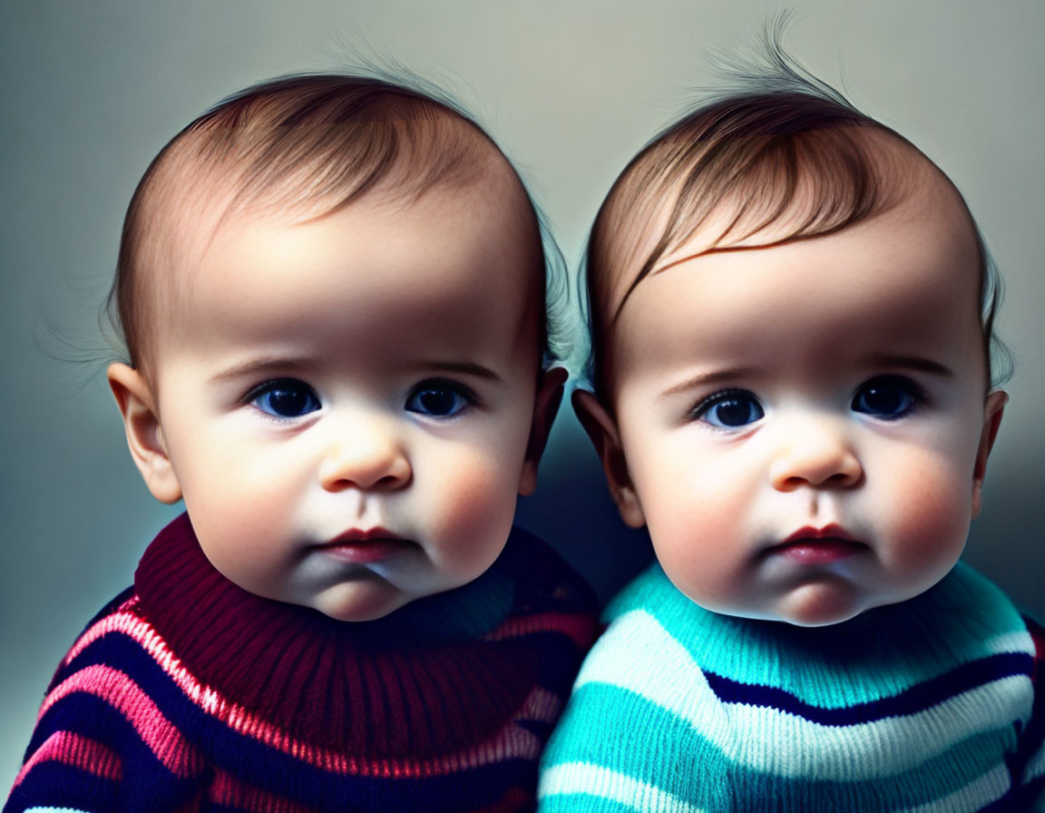 Two serious toddlers in striped sweaters with chubby cheeks.