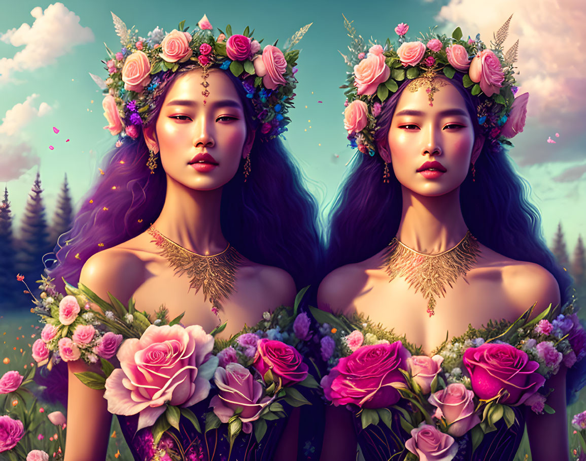 Symmetrical women in floral crowns and dresses against purple nature backdrop