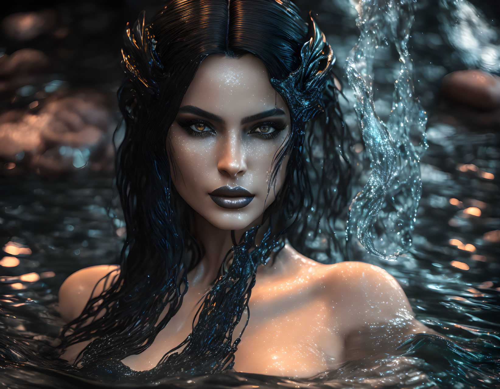 Fantasy female character portrait with dark hair and horns in water splash