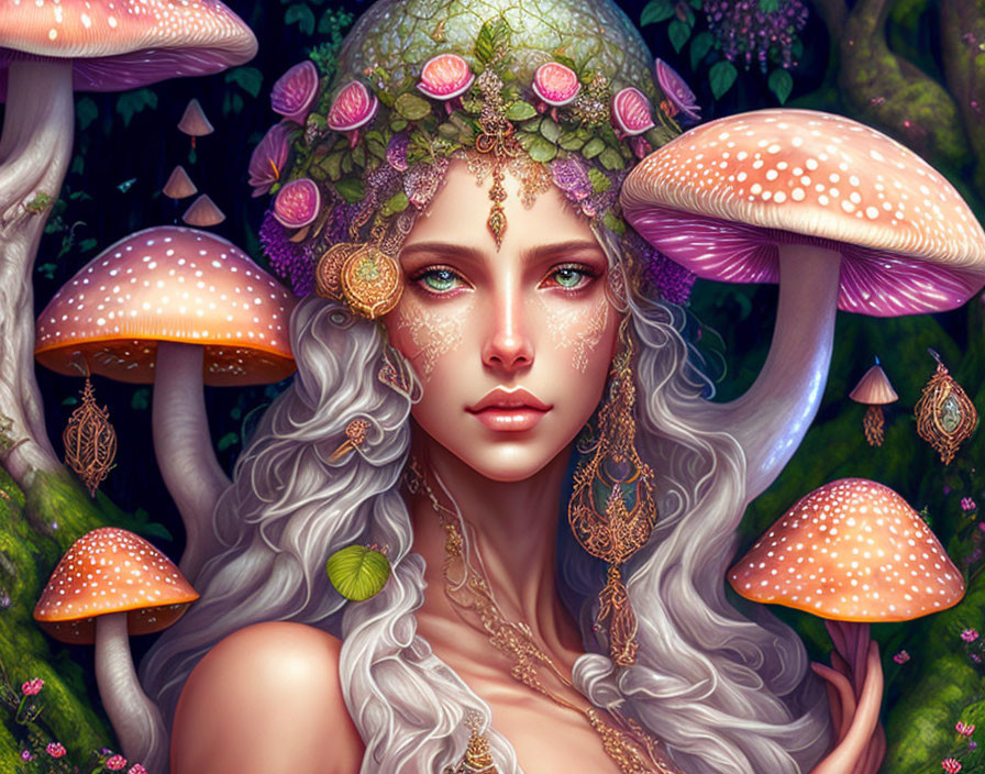 Fantasy illustration: Woman with ethereal features among vibrant, oversized mushrooms