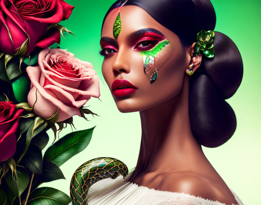 Woman with artistic snake makeup and roses, blending elegance and nature