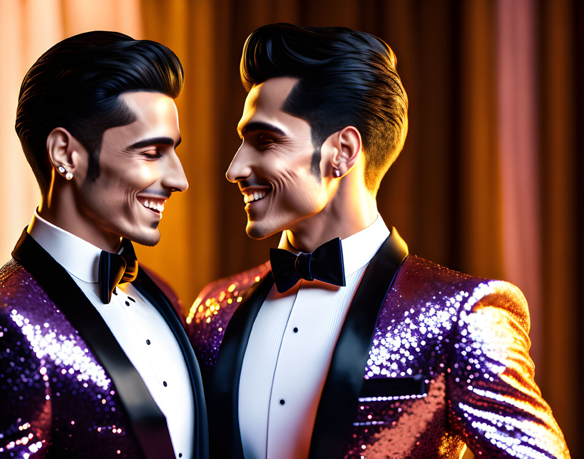 Stylized male figures in purple and black bow ties smiling against warm background.