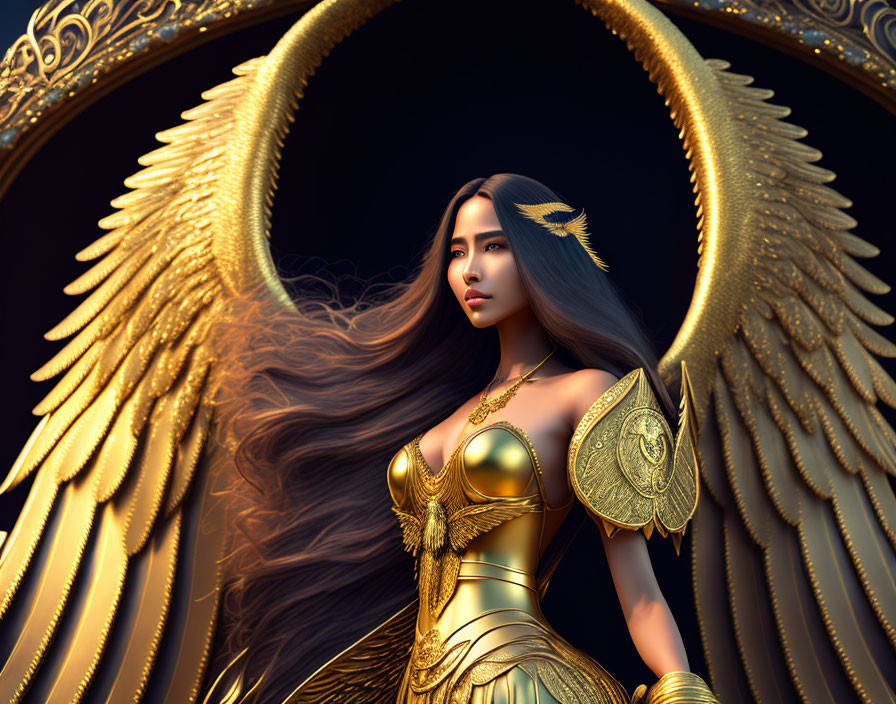 Female Warrior in Golden Winged Armor Stands Before Circular Backdrop